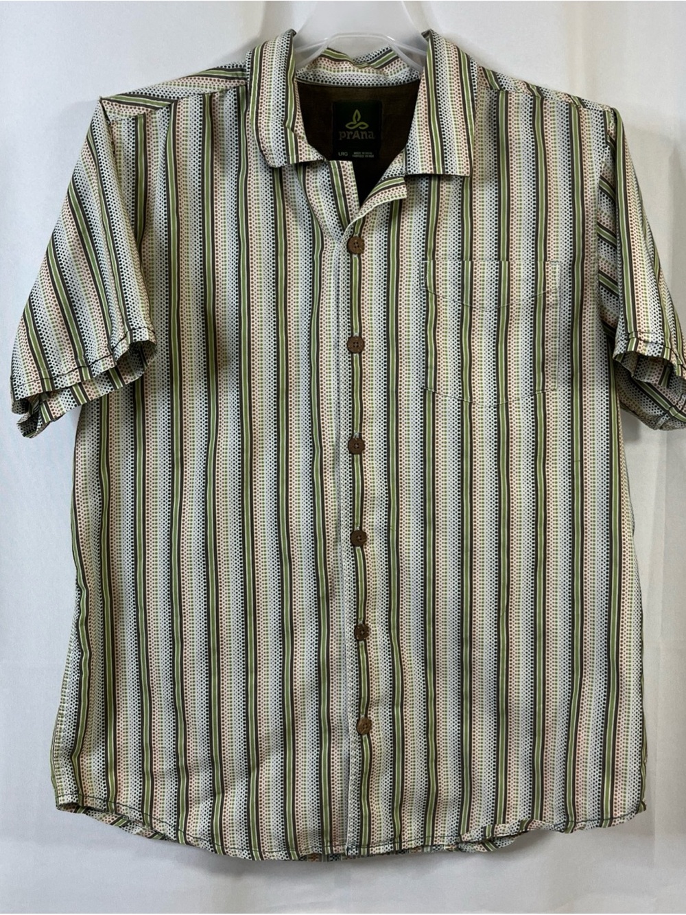 Prana Shirt Mens Stripe Green Short Sleeve Button Up Bowling Retro 60s Large